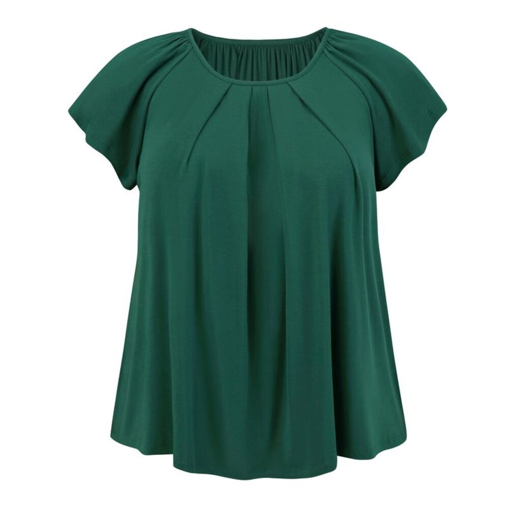 Women Plus Size Summer Pleated Ruffle Sleeve Round Neck Blouse Dark Green